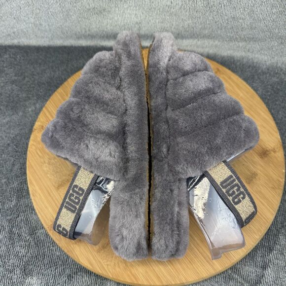 UGG Fluff Yeah Slide Shoes Youth Size 5 Gray Fuzzy Slingback Slippers 1116492K - Picture 7 of 9